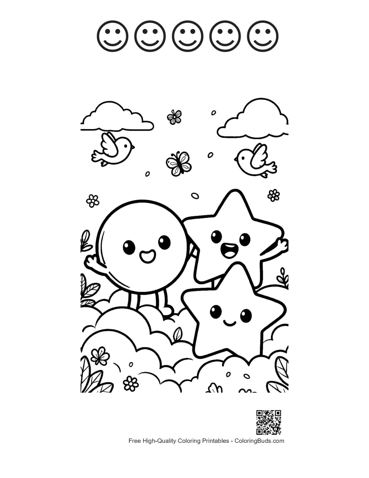 Happy shapes clouds coloring with 5 happy faces outlines