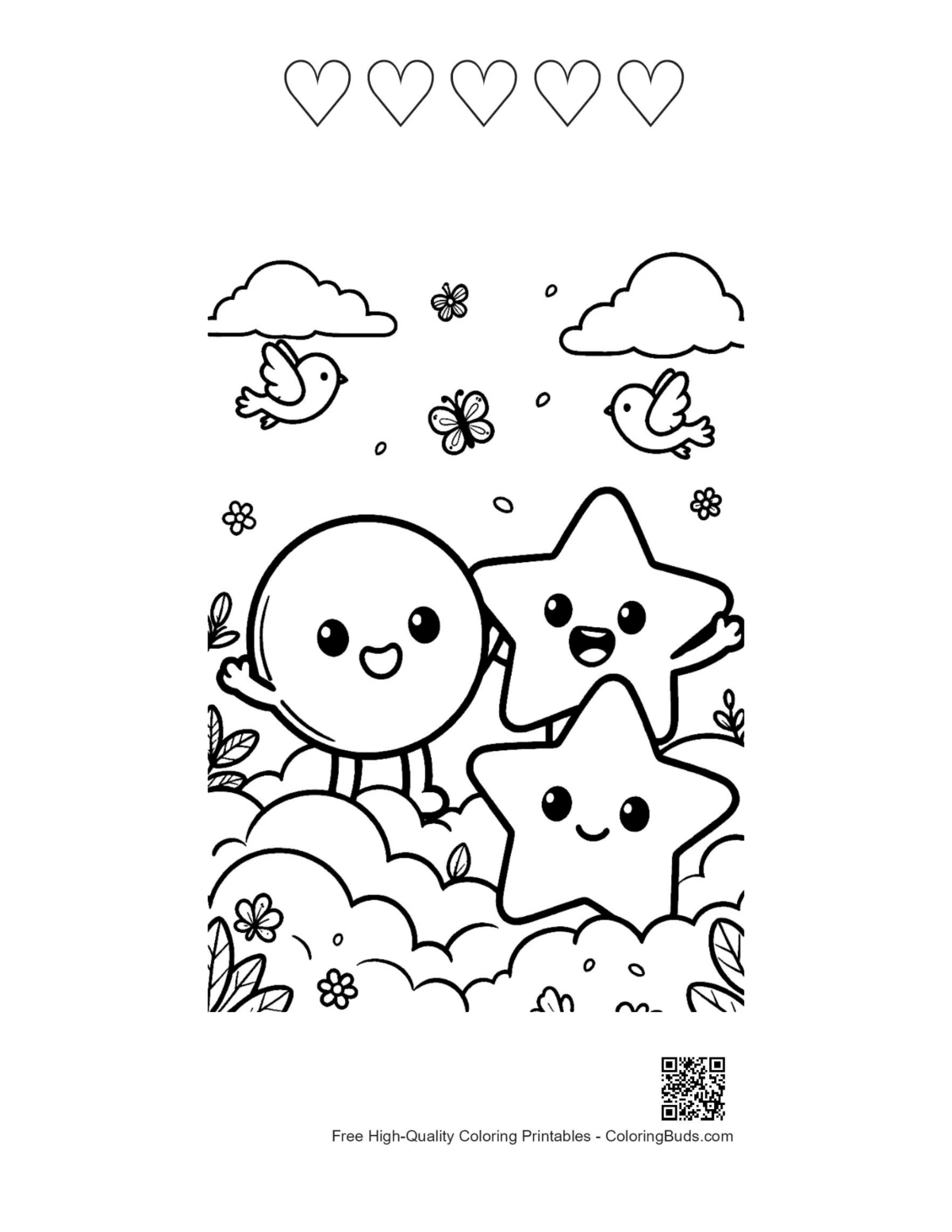 Happy shapes in clouds sheet with 5 heart outlines kids