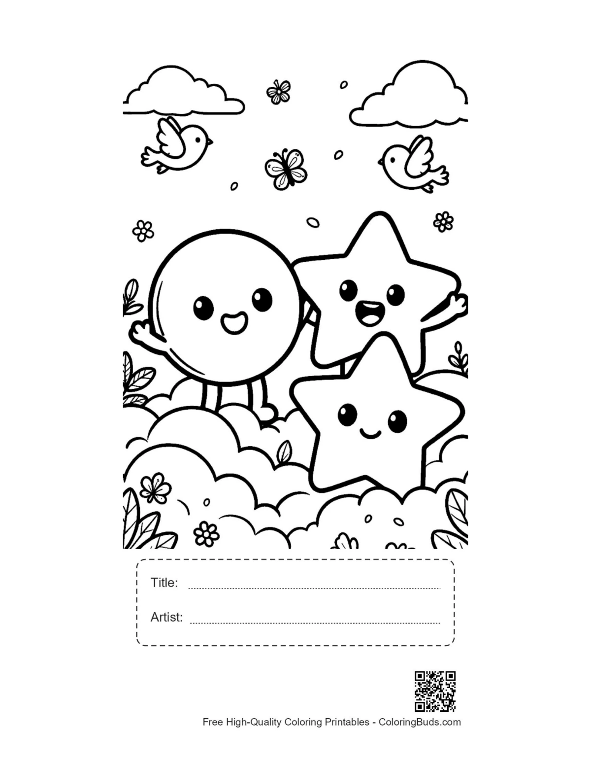 Happy shapes clouds coloring sheet with title artist box