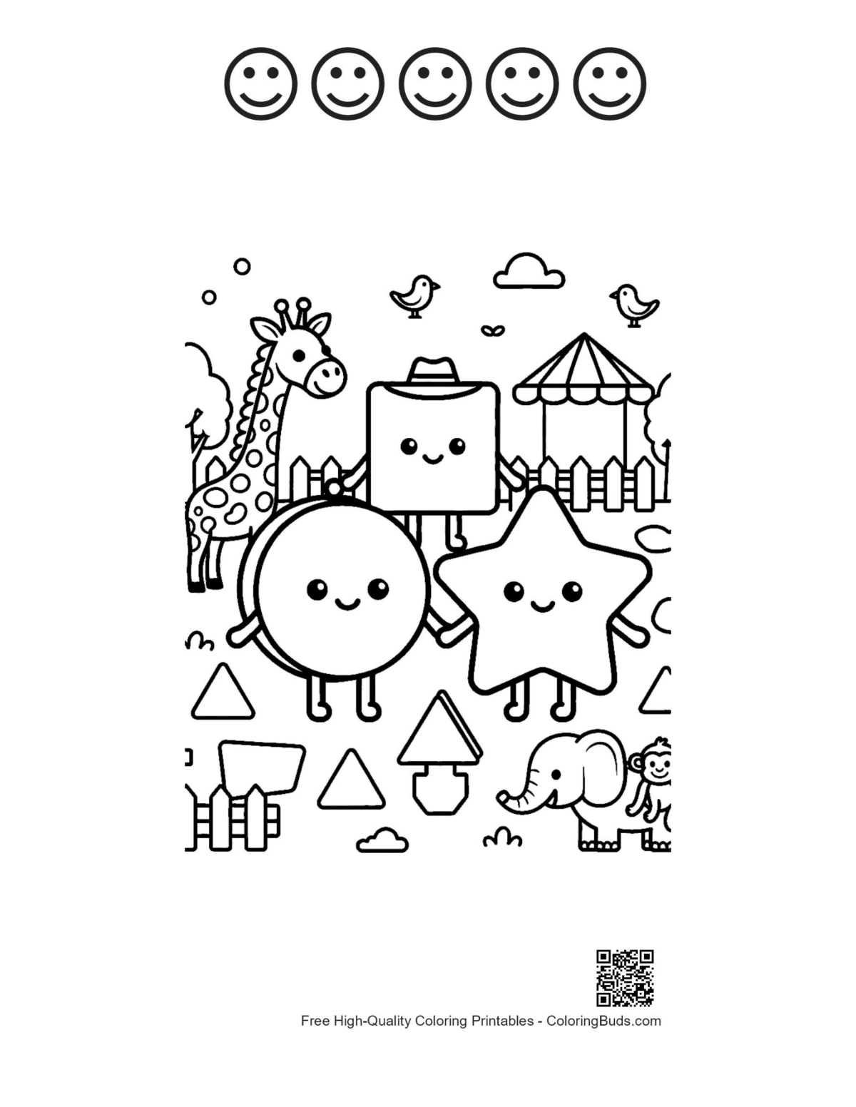 Safari printable with 5 happy faces circle square star characters