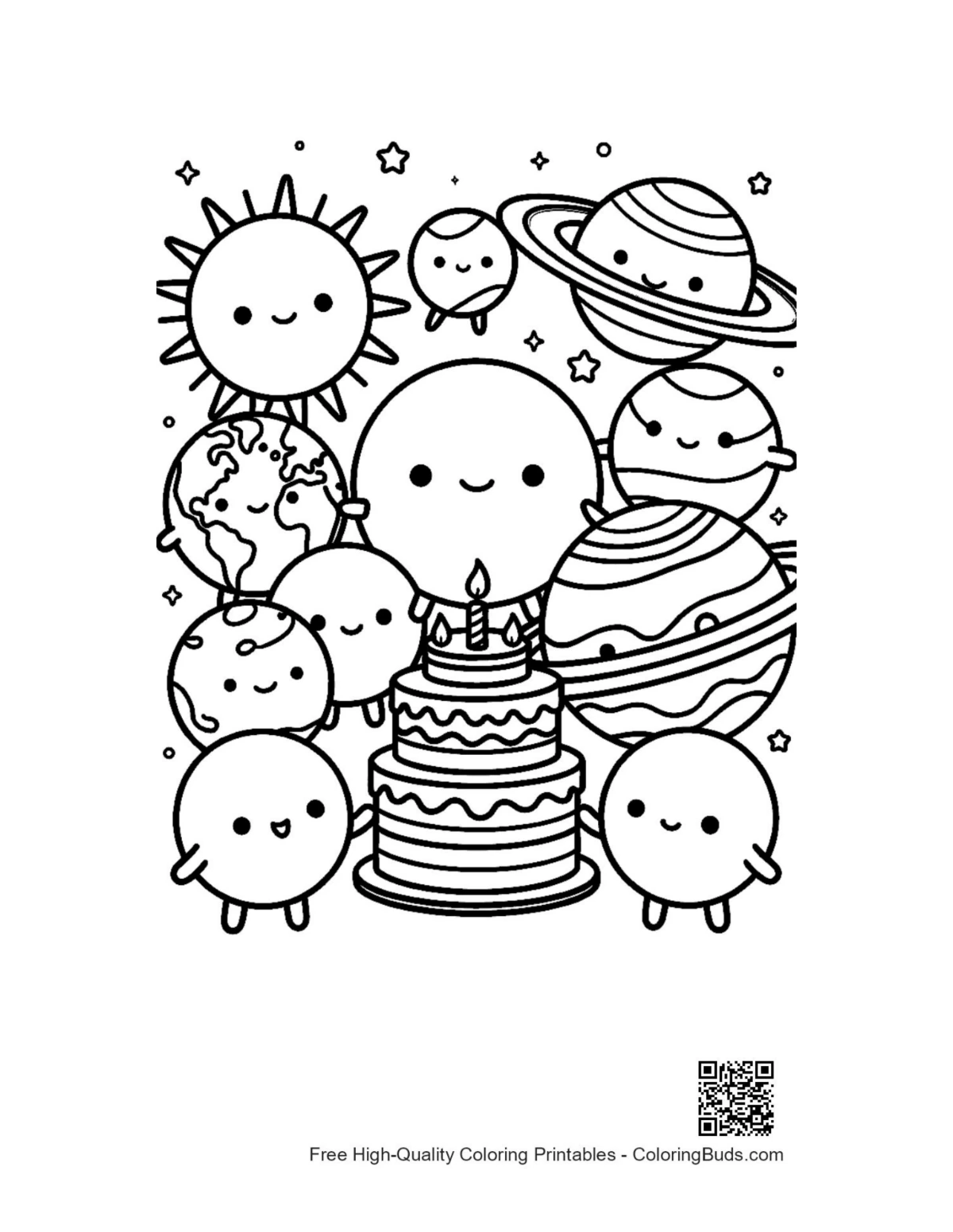 Cute planets characters around birthday cake coloring page
