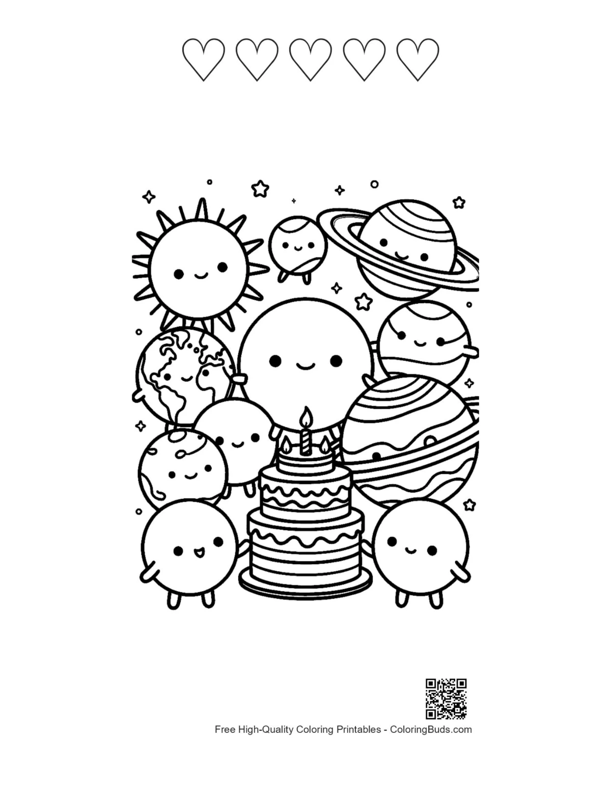 Cute planets around cake with heart outlines printable