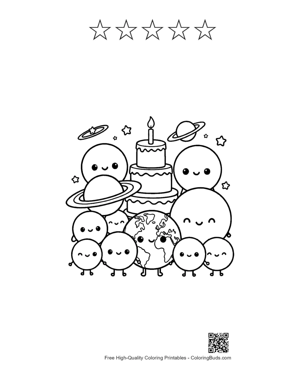 Cute planets with 5 stars outline printable