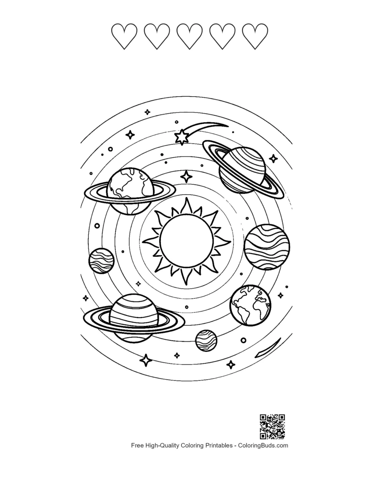 Sun planets map printable with heart outlines