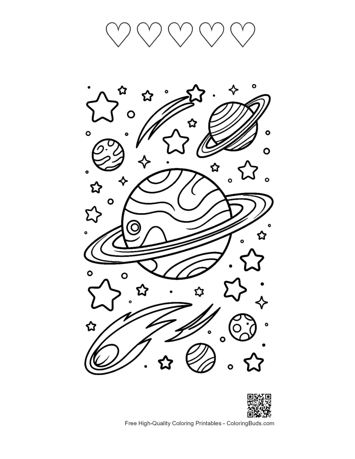 Easy planets with 5 heart outlines printable