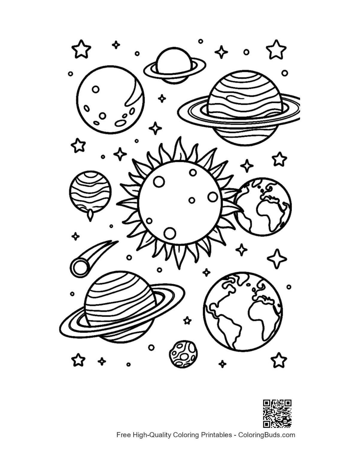 Printable galaxy pattern coloring page with sun and planets