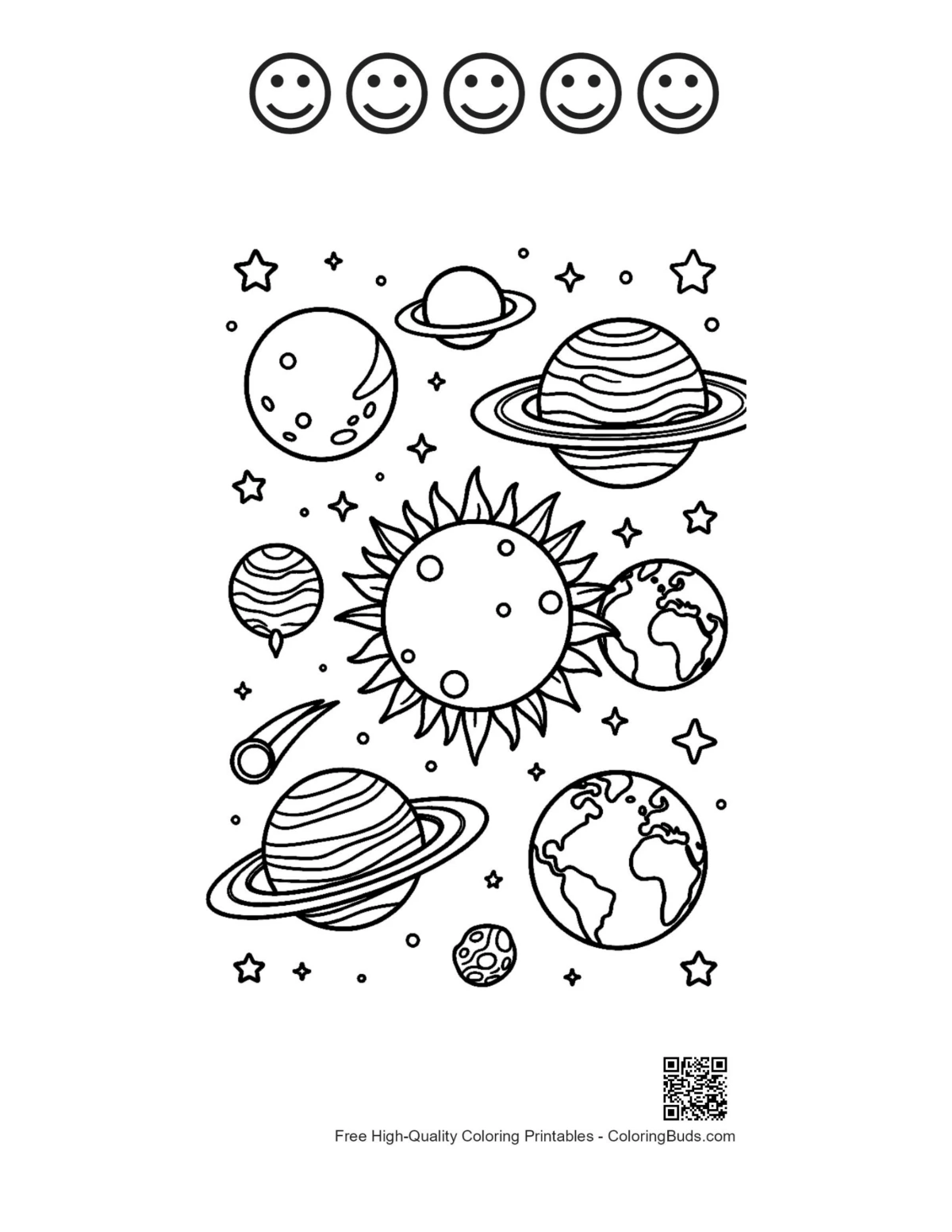 Printable galaxy with sun, planets and 5 happy faces