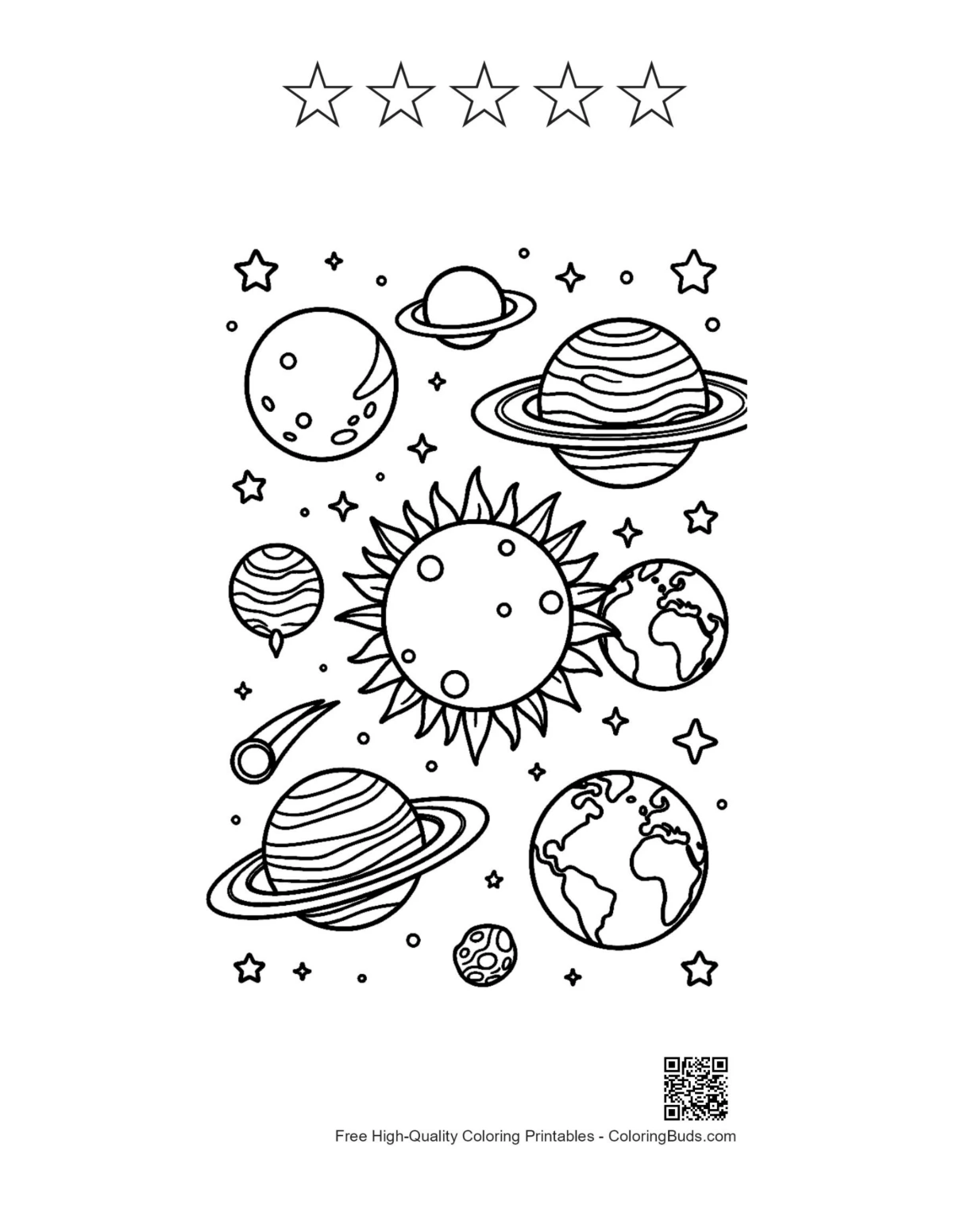 Galaxy coloring page with sun, planets and 5 star outlines