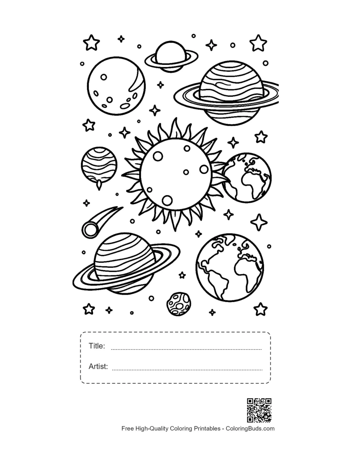 Galaxy printable with sun, planets, title and artist box
