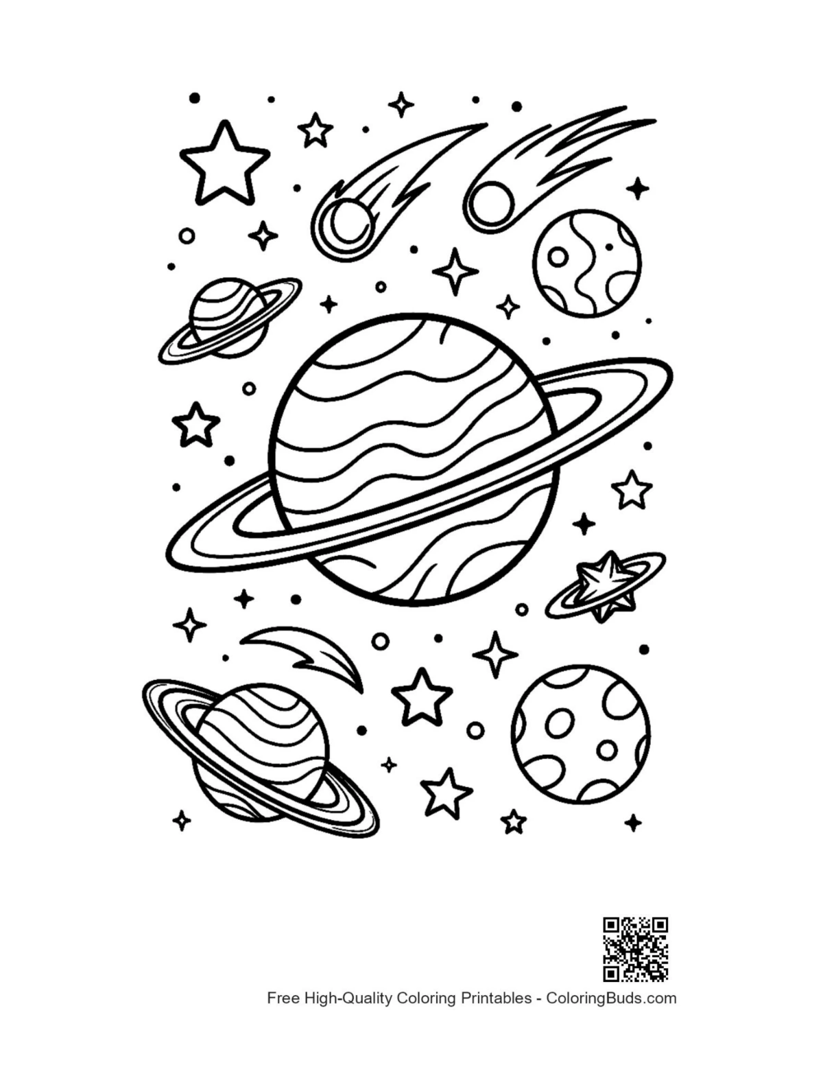 Giant ringed planet shooting stars printable coloring page