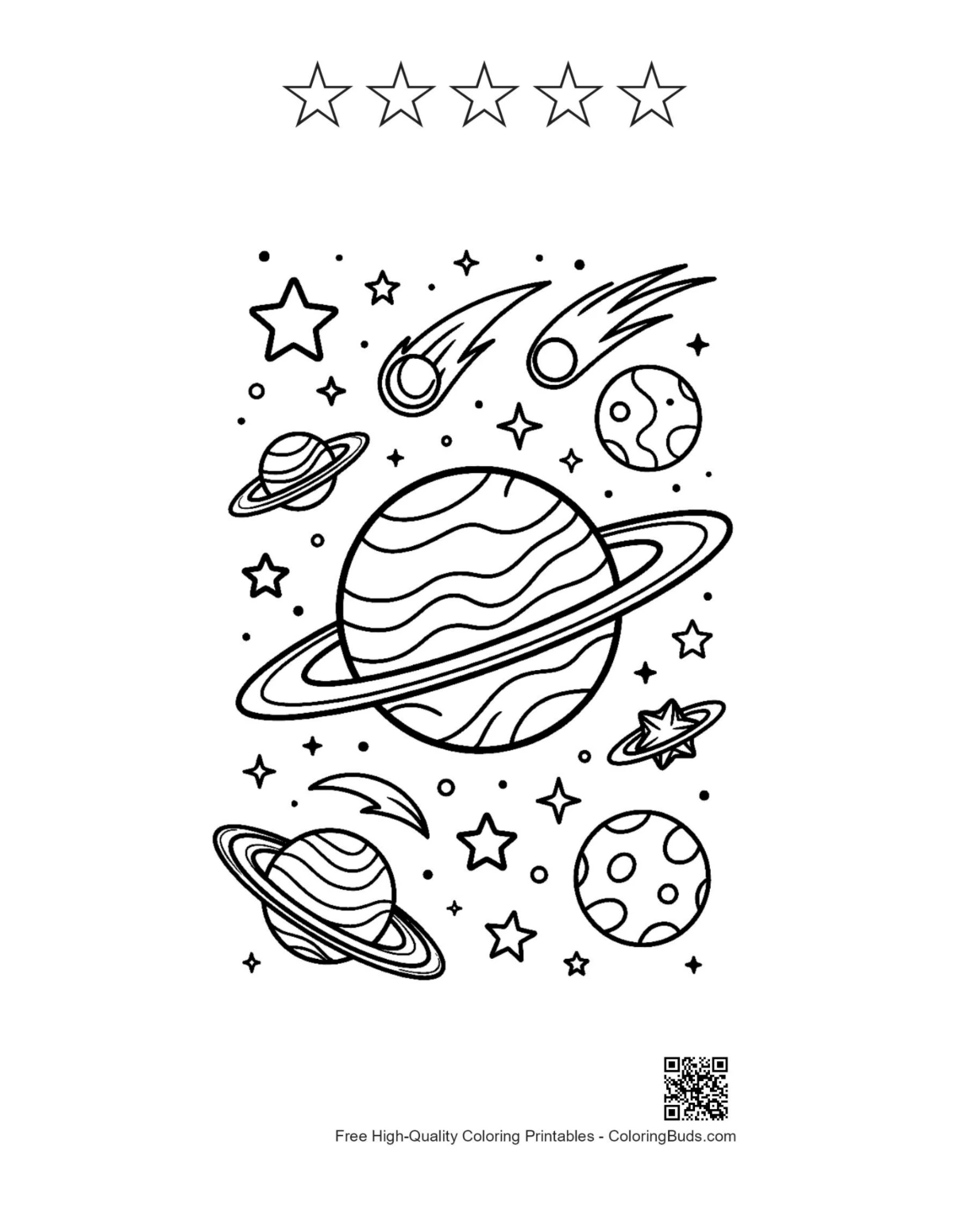 Giant ringed planet with 5 star outlines printable