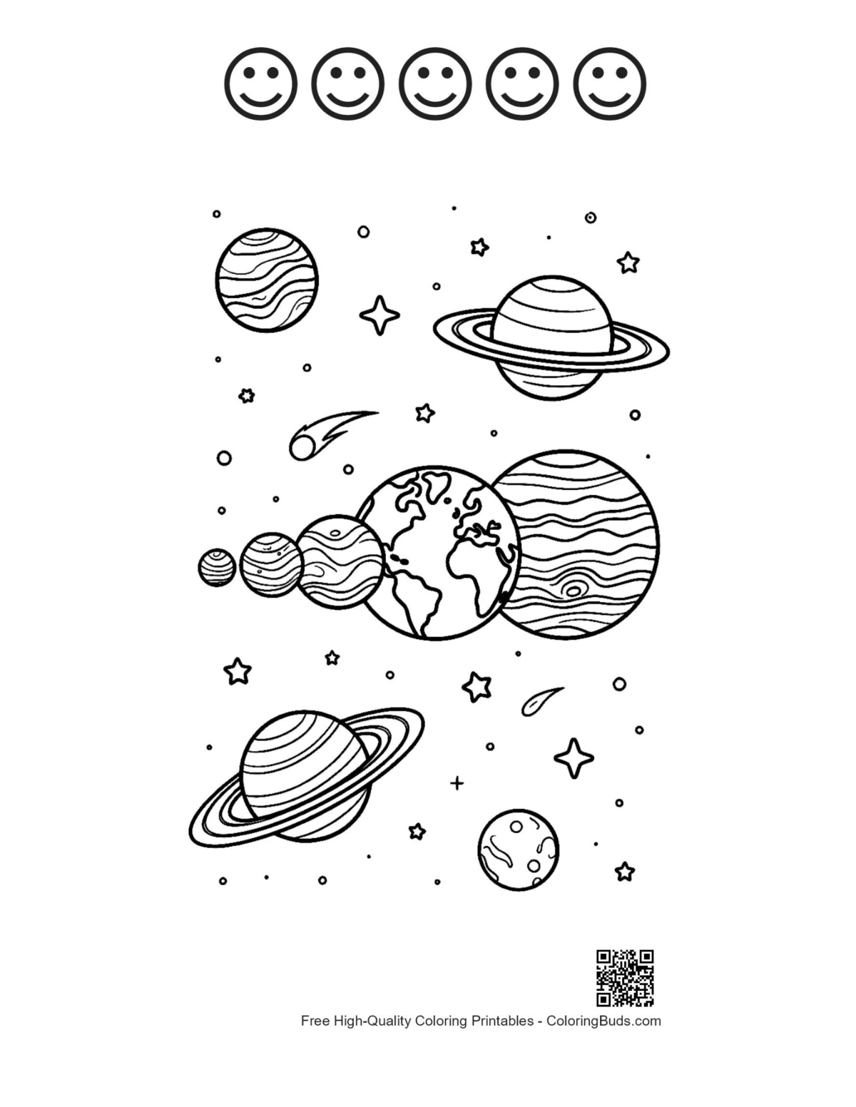 Planets in starry sky with 5 happy faces outlines