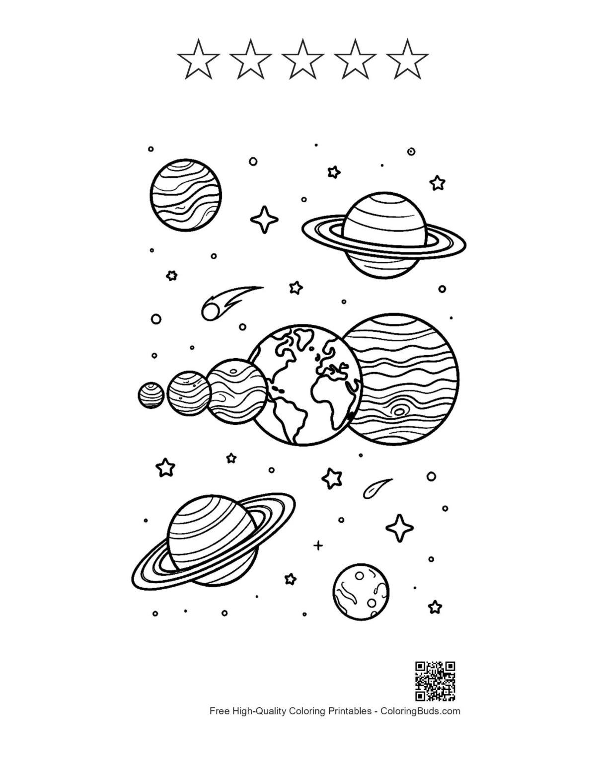 Planets starry sky printable with 5 star outlines