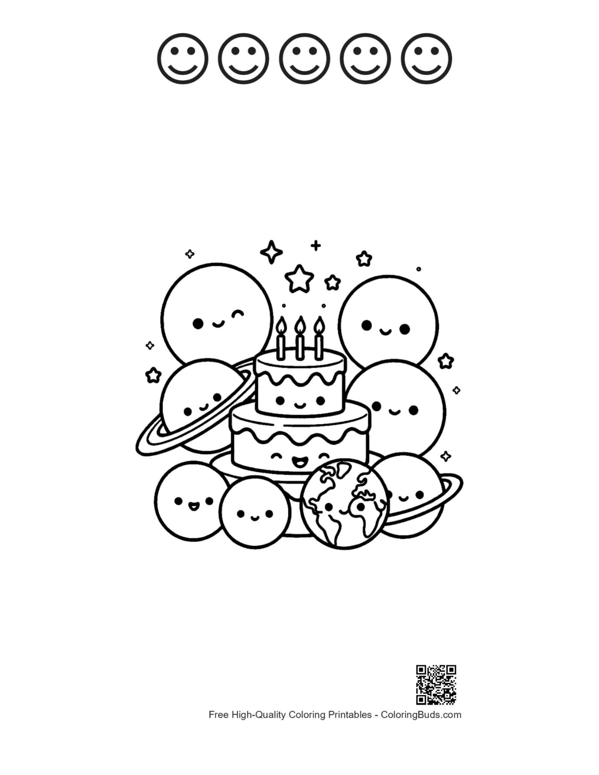 Happy planets space cake with 5 happy faces printable