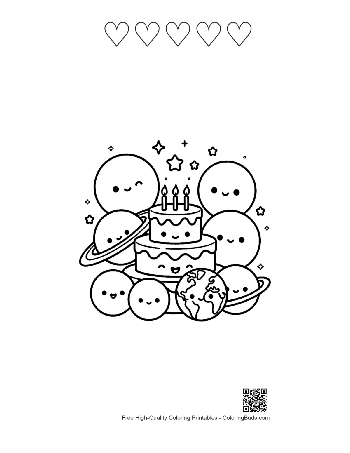 Happy planets space cake with 5 heart outlines printable