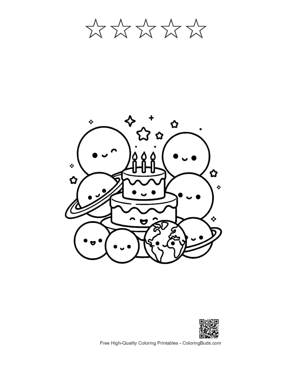 Happy planets space cake with 5 star outlines printable