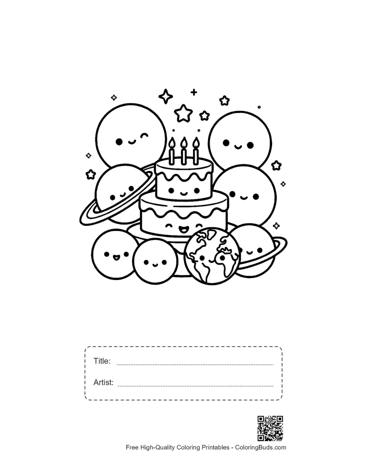 Happy planets space cake printable with title box