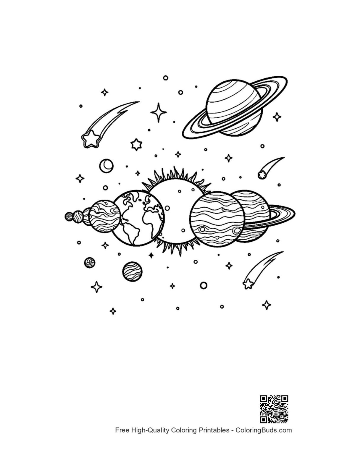 Horizontal planets lineup printable with shooting stars