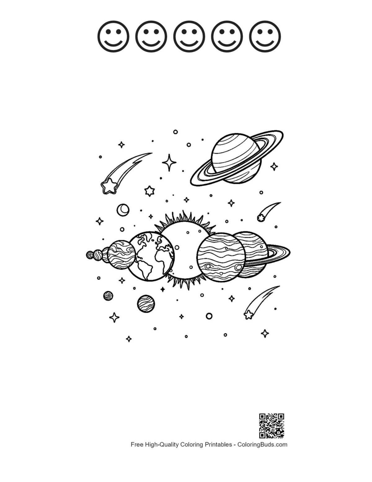 Planets lineup with stars and happy faces printable