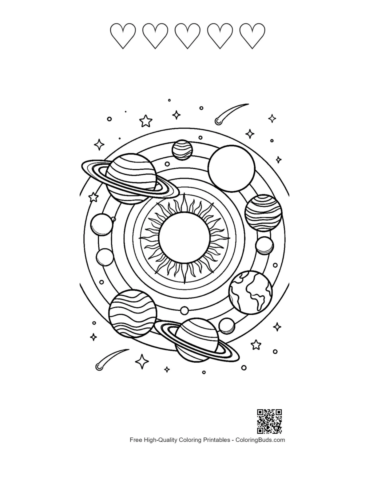 Orrery solar system with heart outlines printable