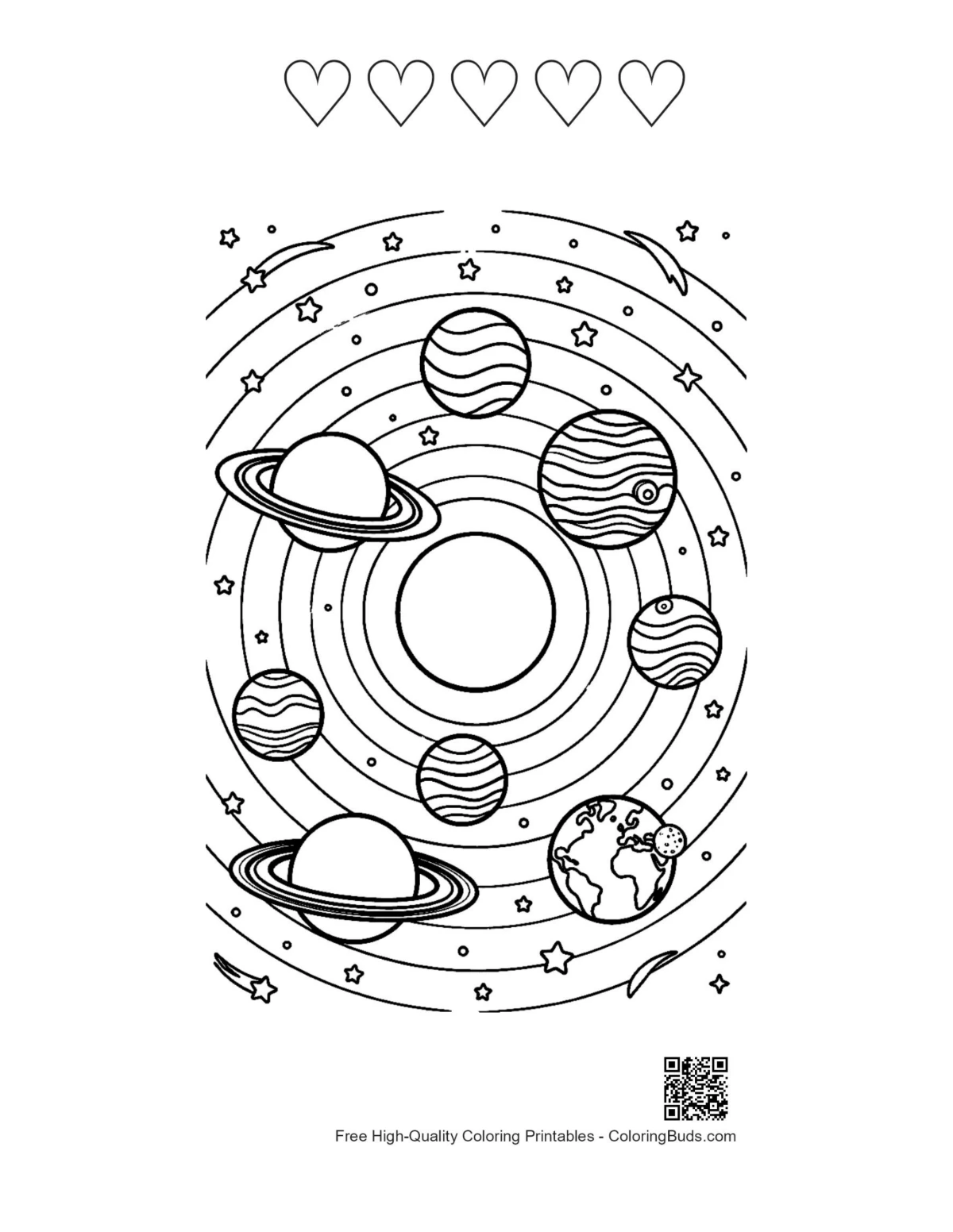 Planets coloring printable with 5 hearts