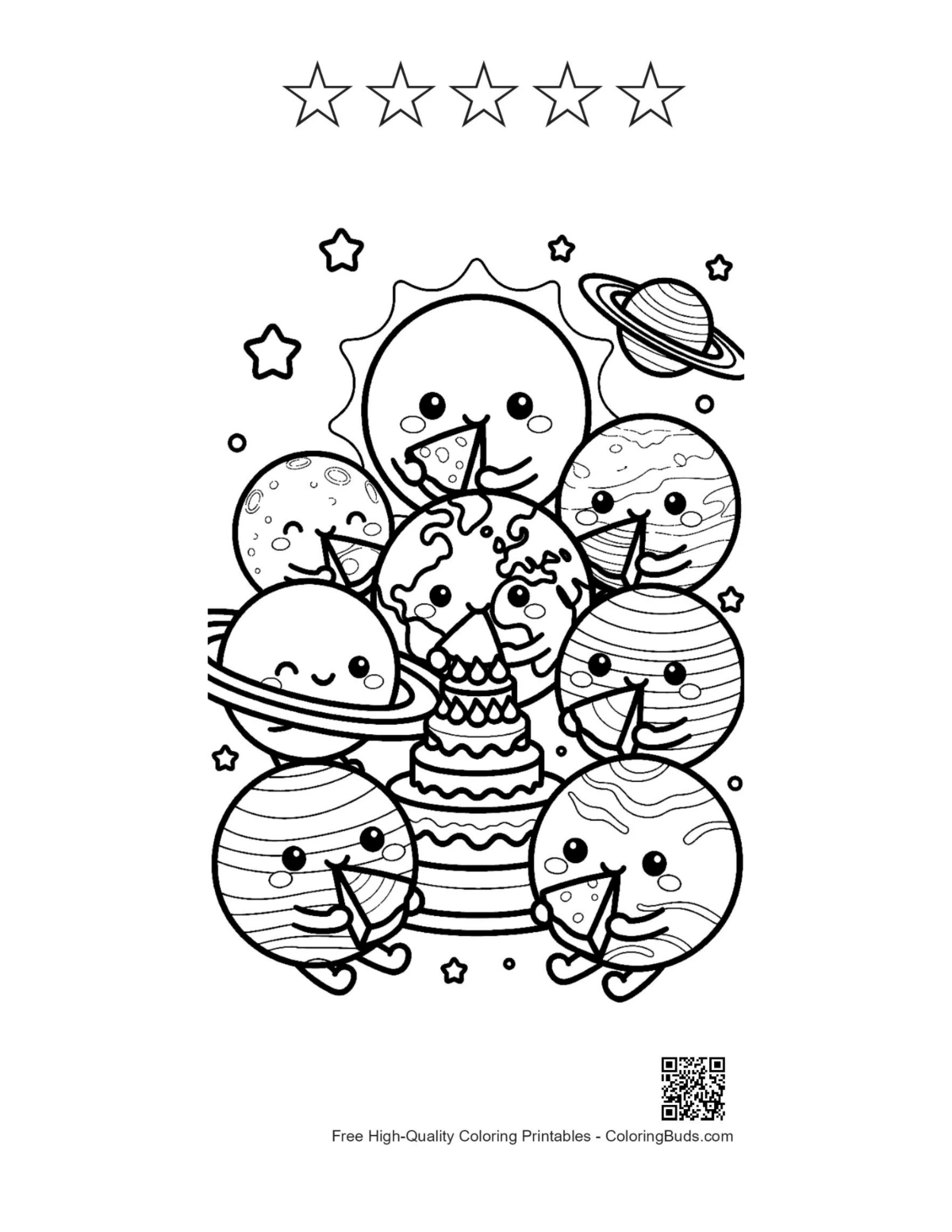 Planets for kids printable with 5 stars outline