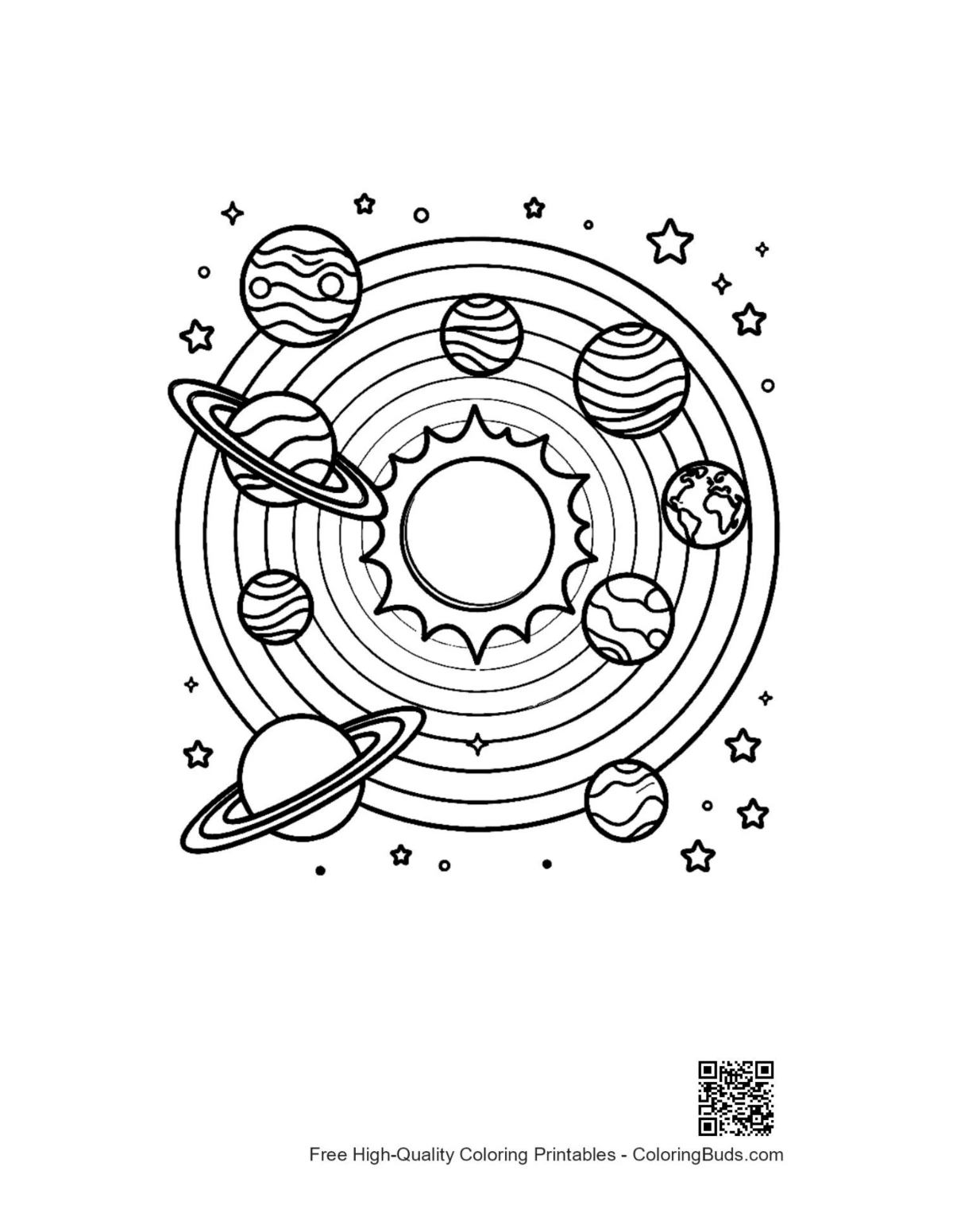 Simple sun and orbiting spheres Planets coloring page