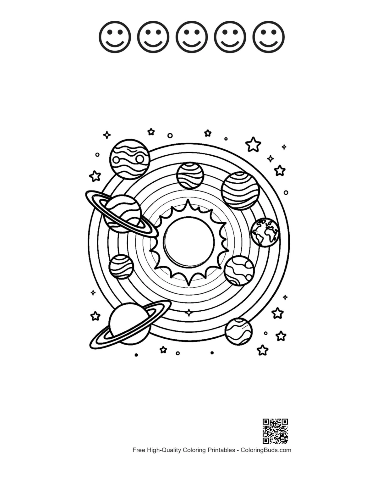Printable space scene with happy faces and orbiting planets
