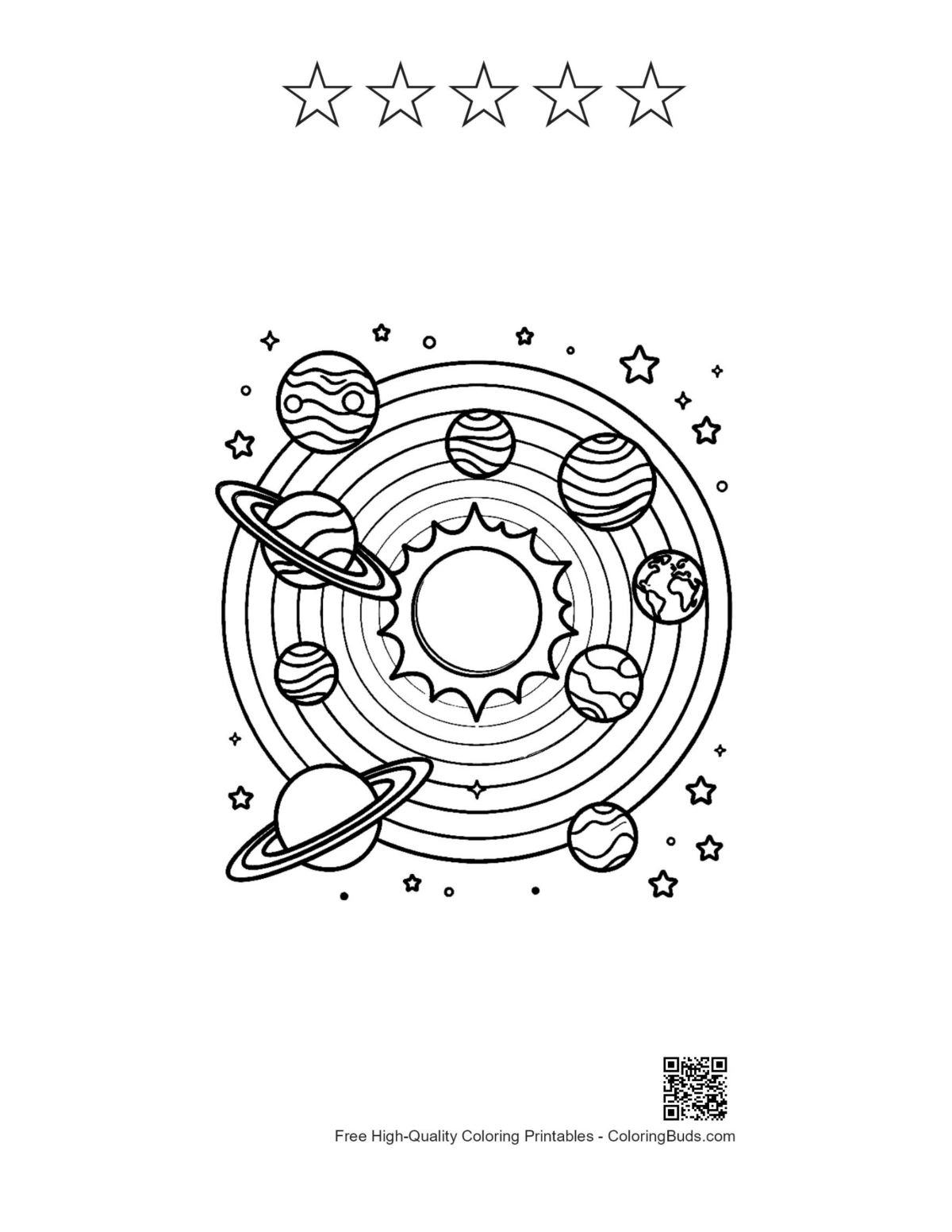 Planets coloring page with sun, spheres, and star outlines