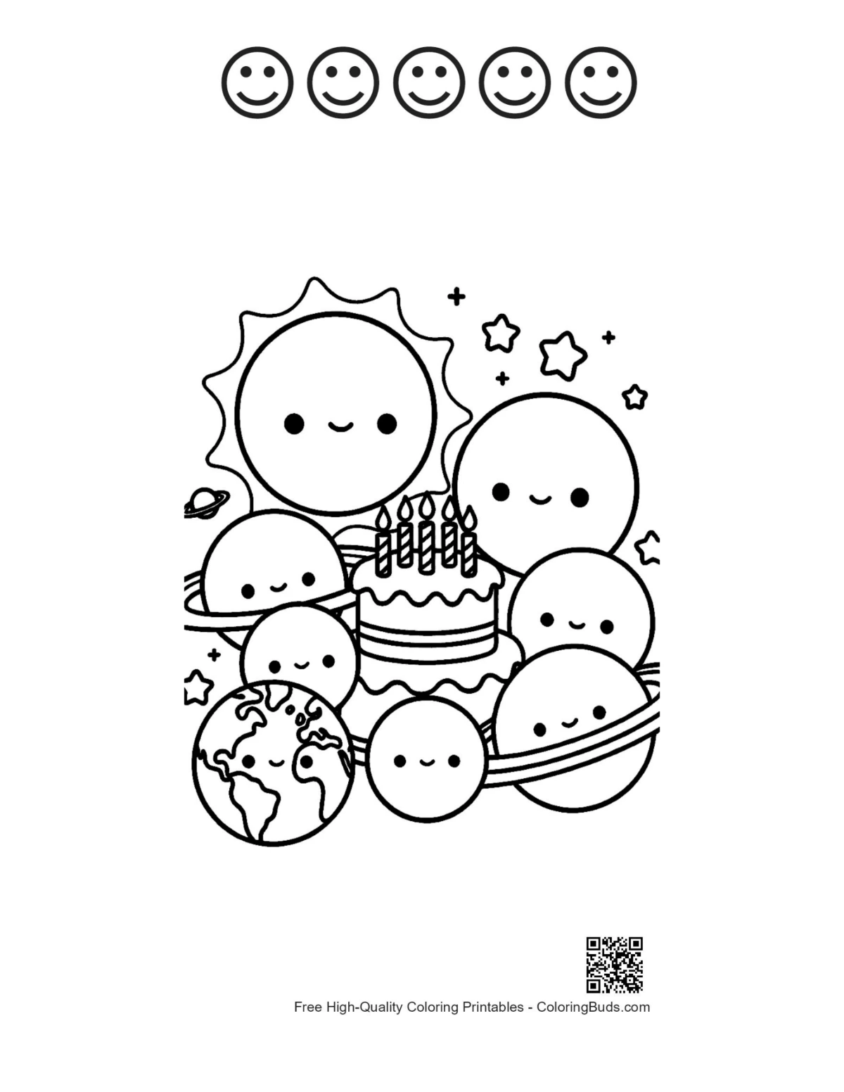 Smiling sun planets festive with 5 happy face outlines printable