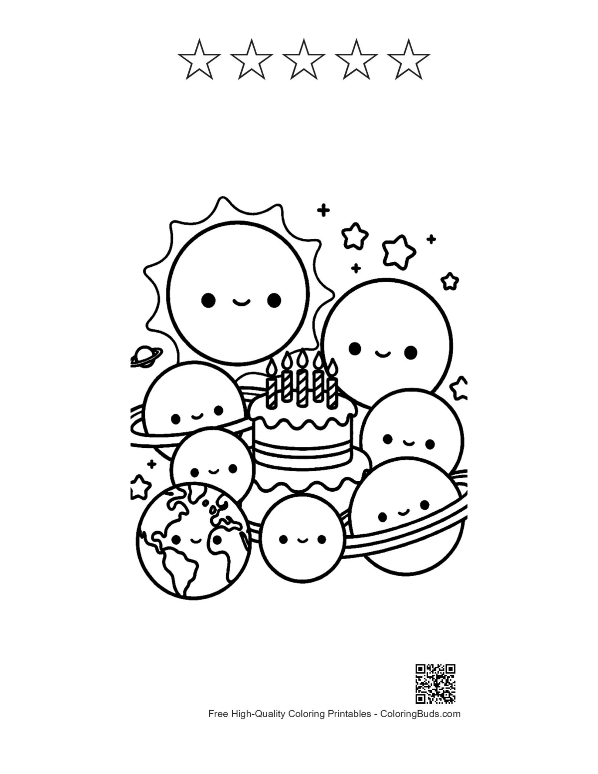 Smiling sun planets festive printable with 5 star outlines