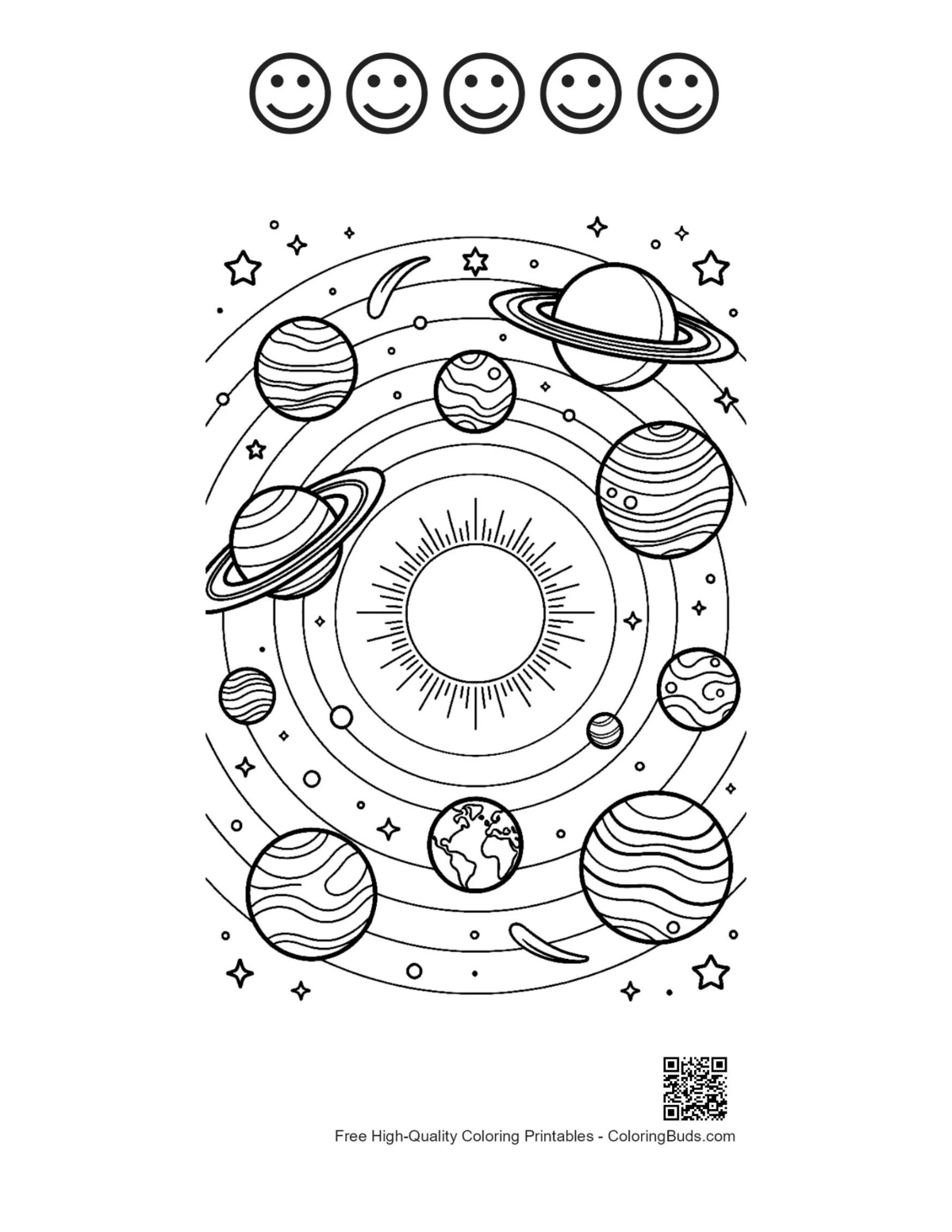Orbiting planets printable with 5 happy faces