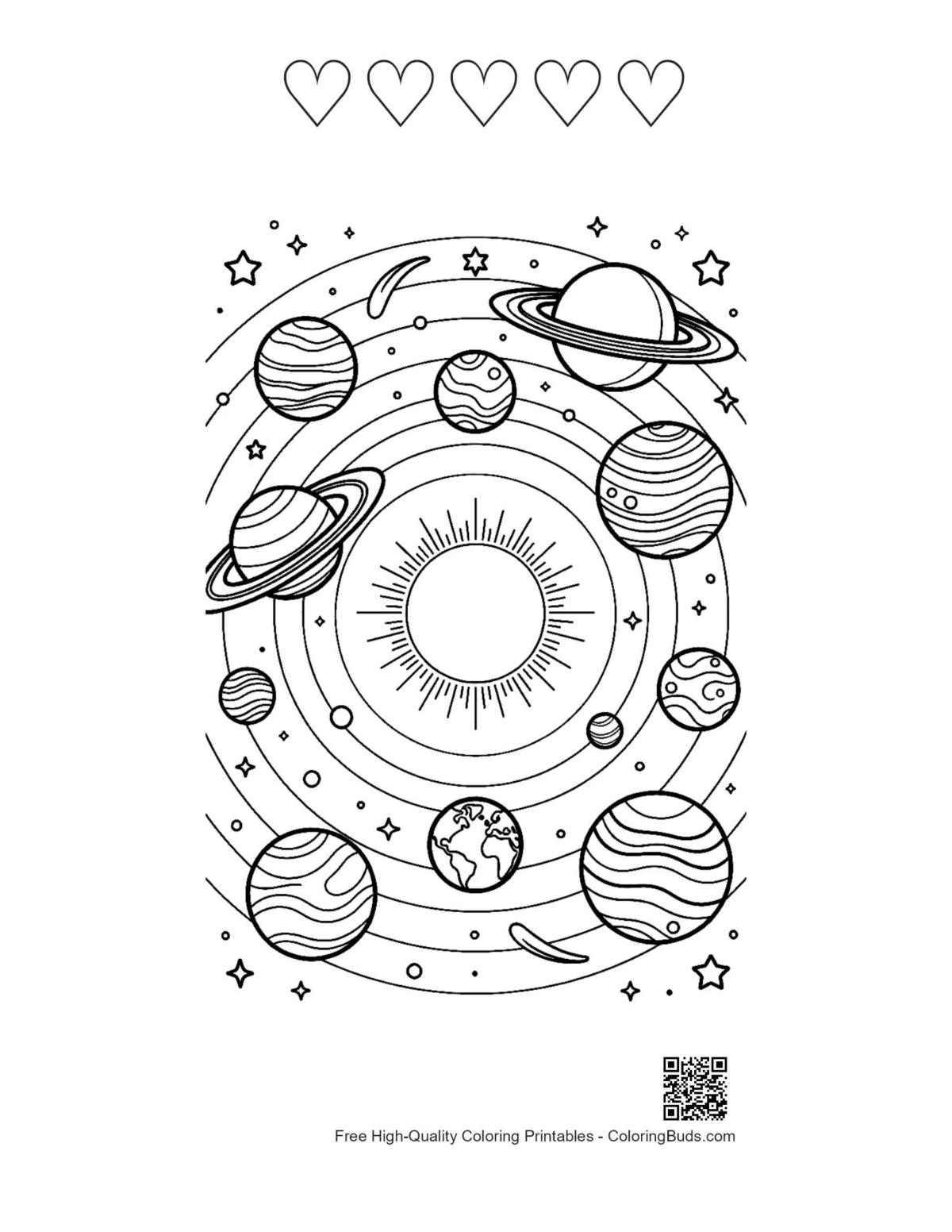 Planets and star printable with 5 heart outlines