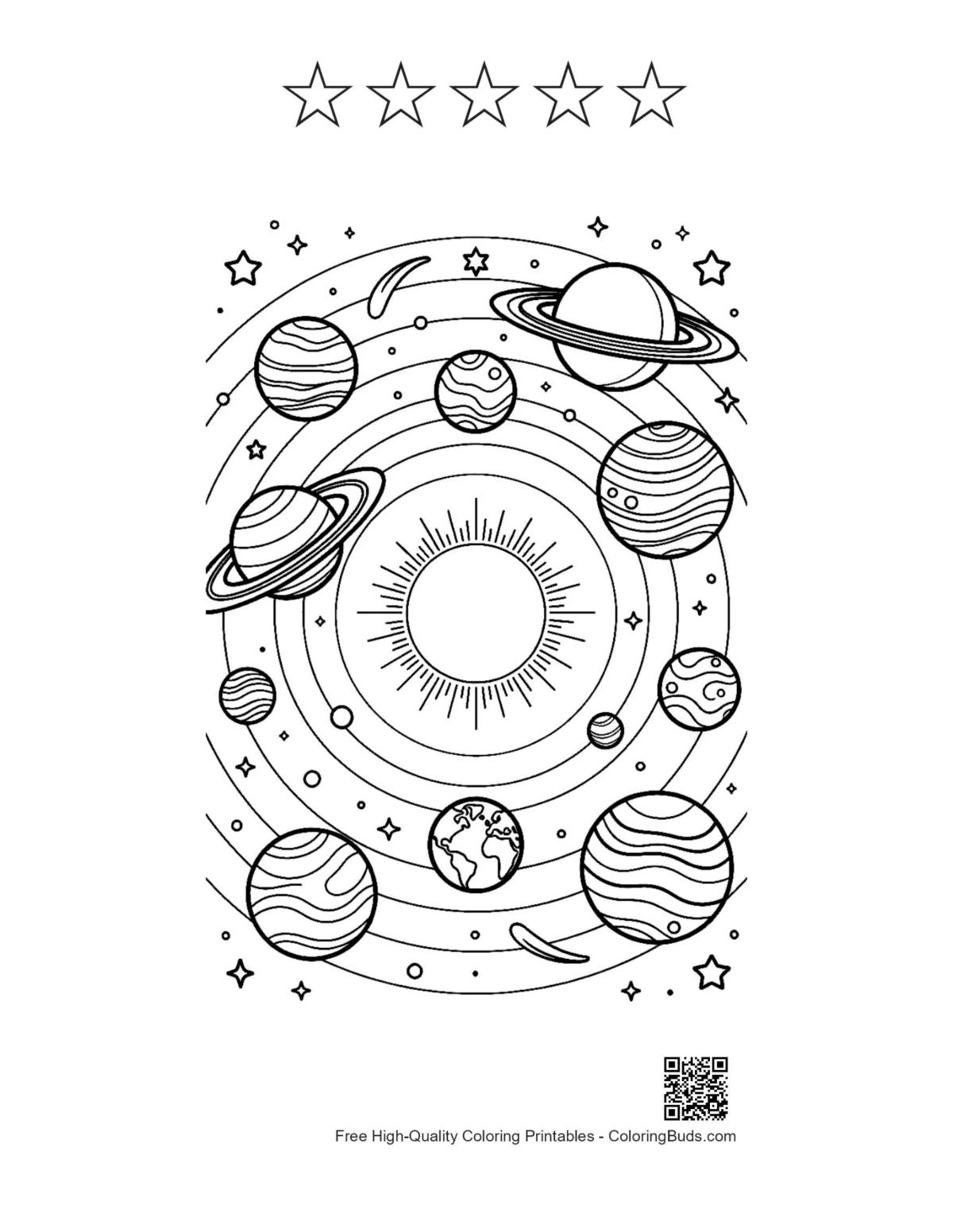 Planets orbiting star with 5 star outlines printable