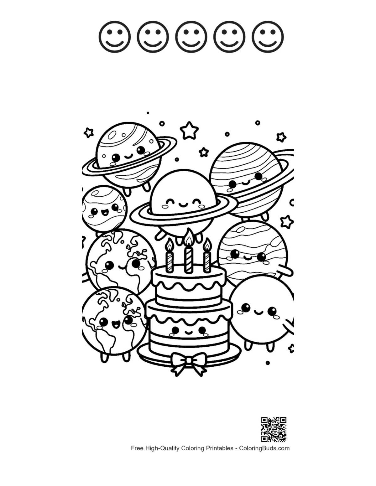Cute planets printable with 5 happy face outlines