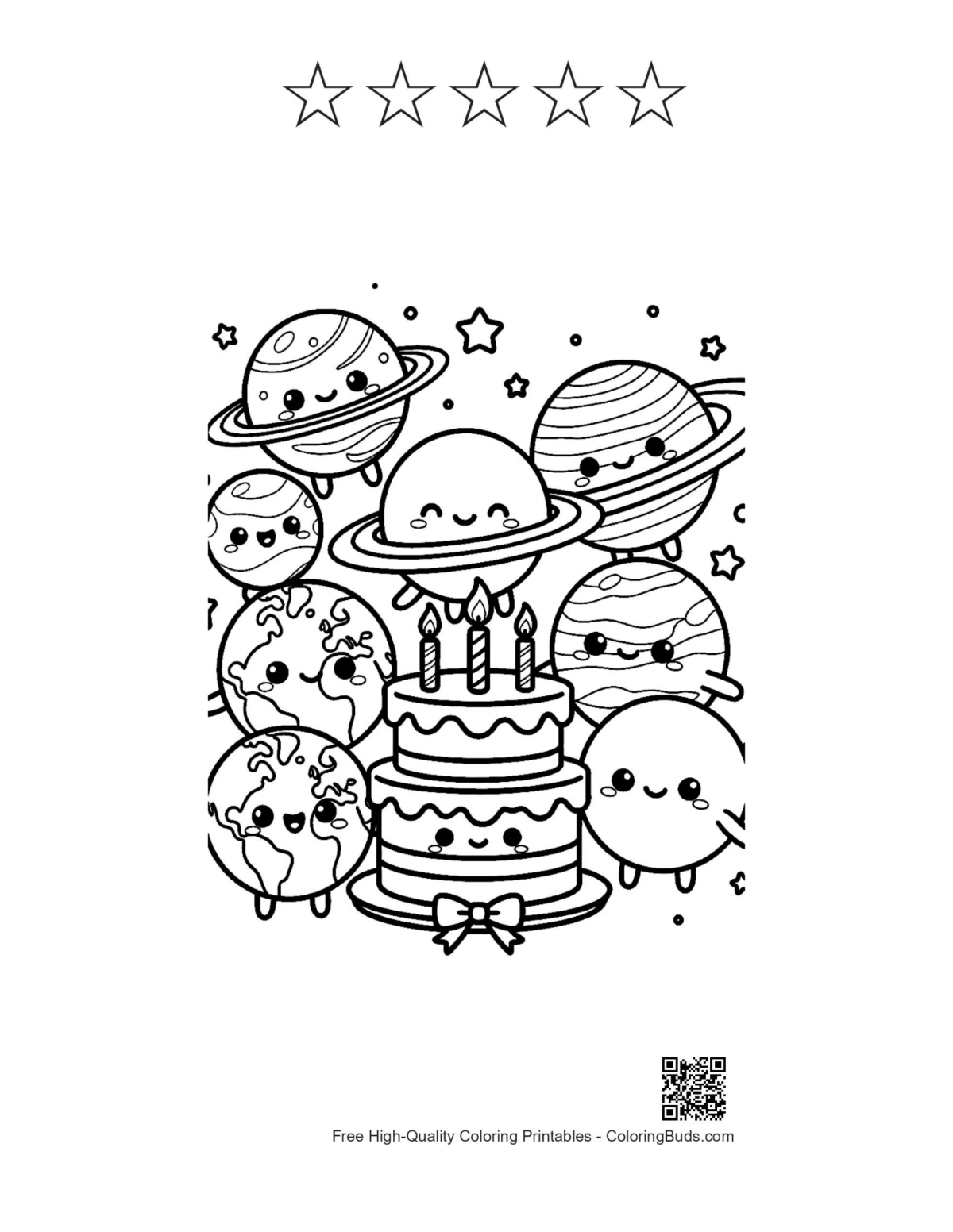 Cute planets cake printable with 5 star outlines
