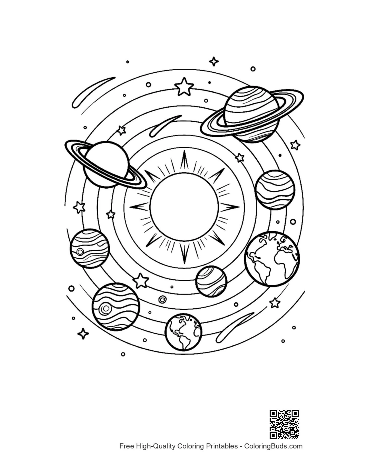 Sun-centered solar system printable with rotating planets