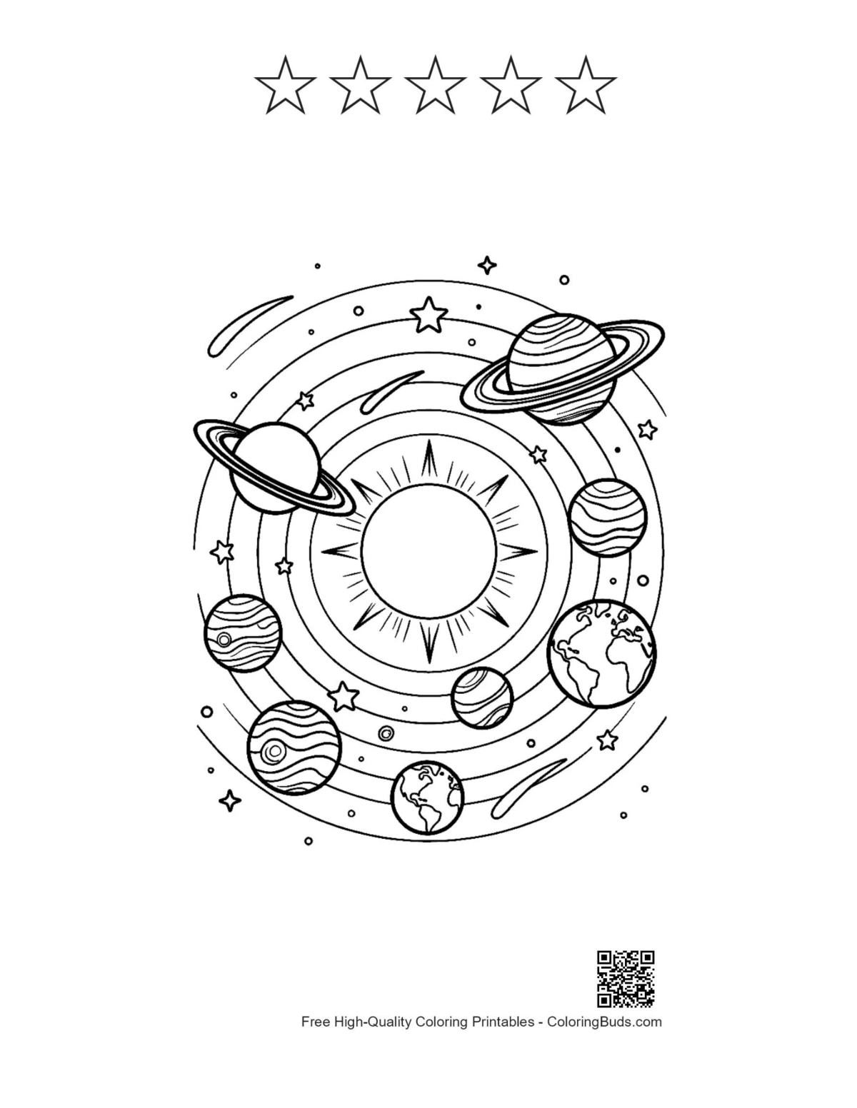 Solar system coloring page with rotating planets and stars