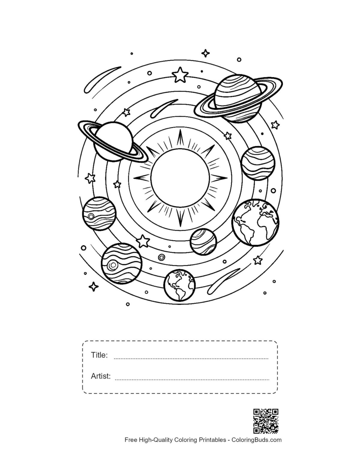 Sun-centered solar system printable with title box