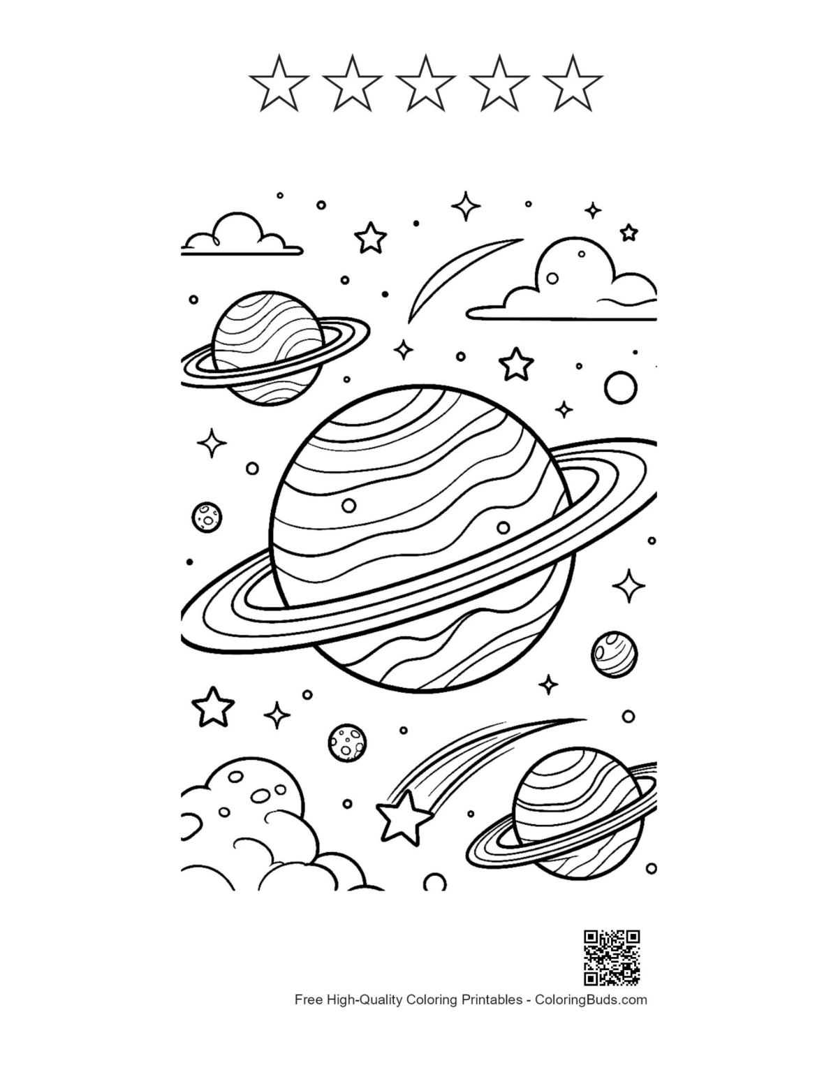 Textured planet with stars outline printable