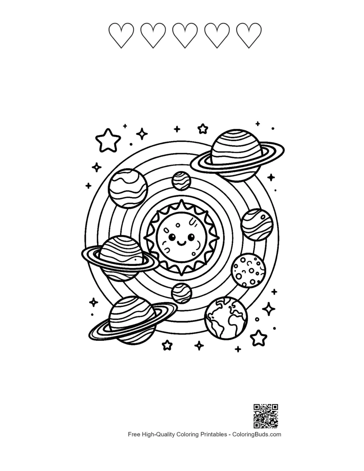 Planets coloring printable universe solar flare 5 hearts outlines