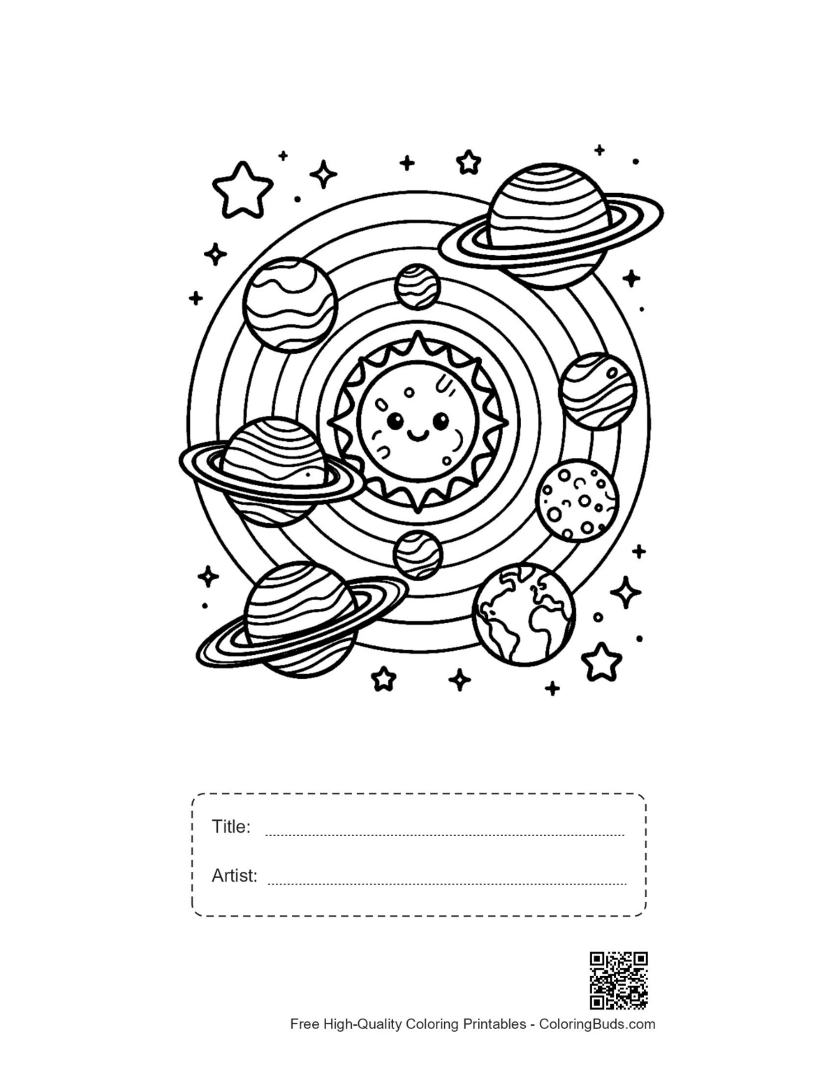 Printable Planets coloring page universe solar flare title artist box