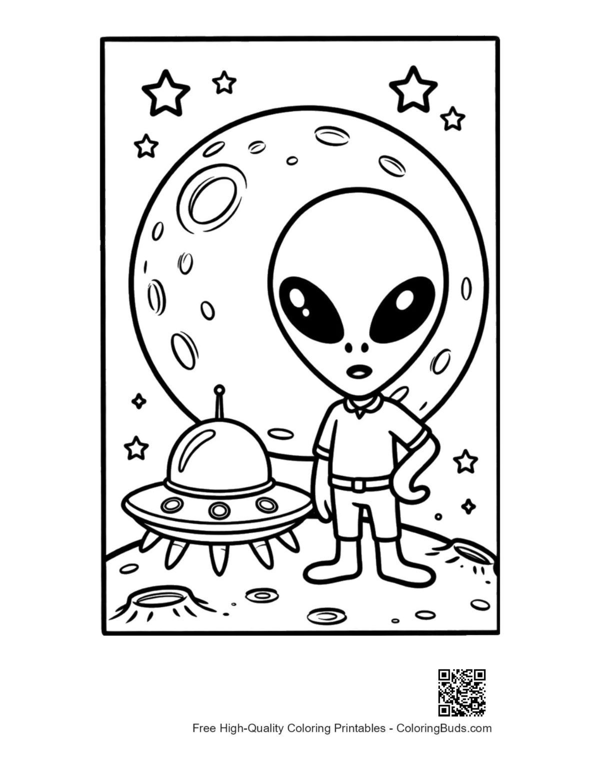 Little green man astronaut viewing giant planet coloring page