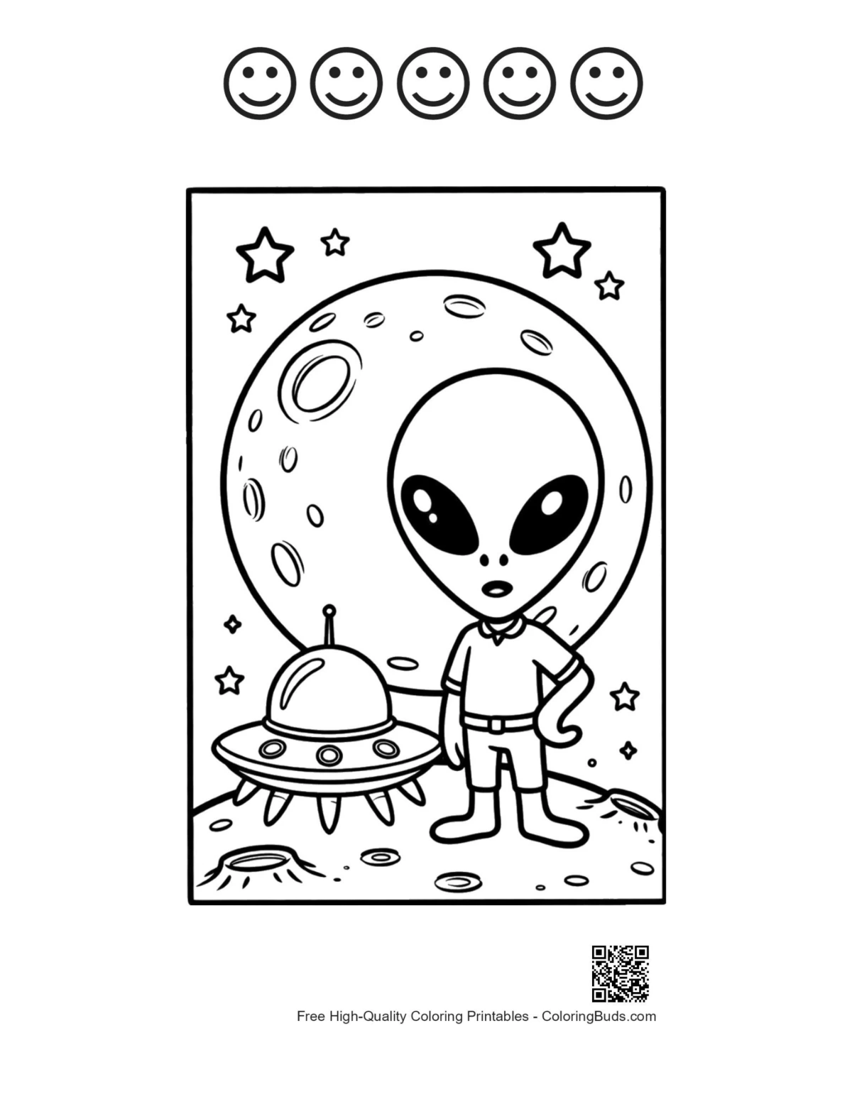 Alien watching planet with 5 happy face outlines printable