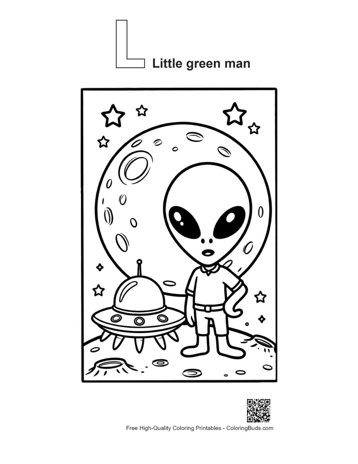Little green man outline alphabet L alien planet printable