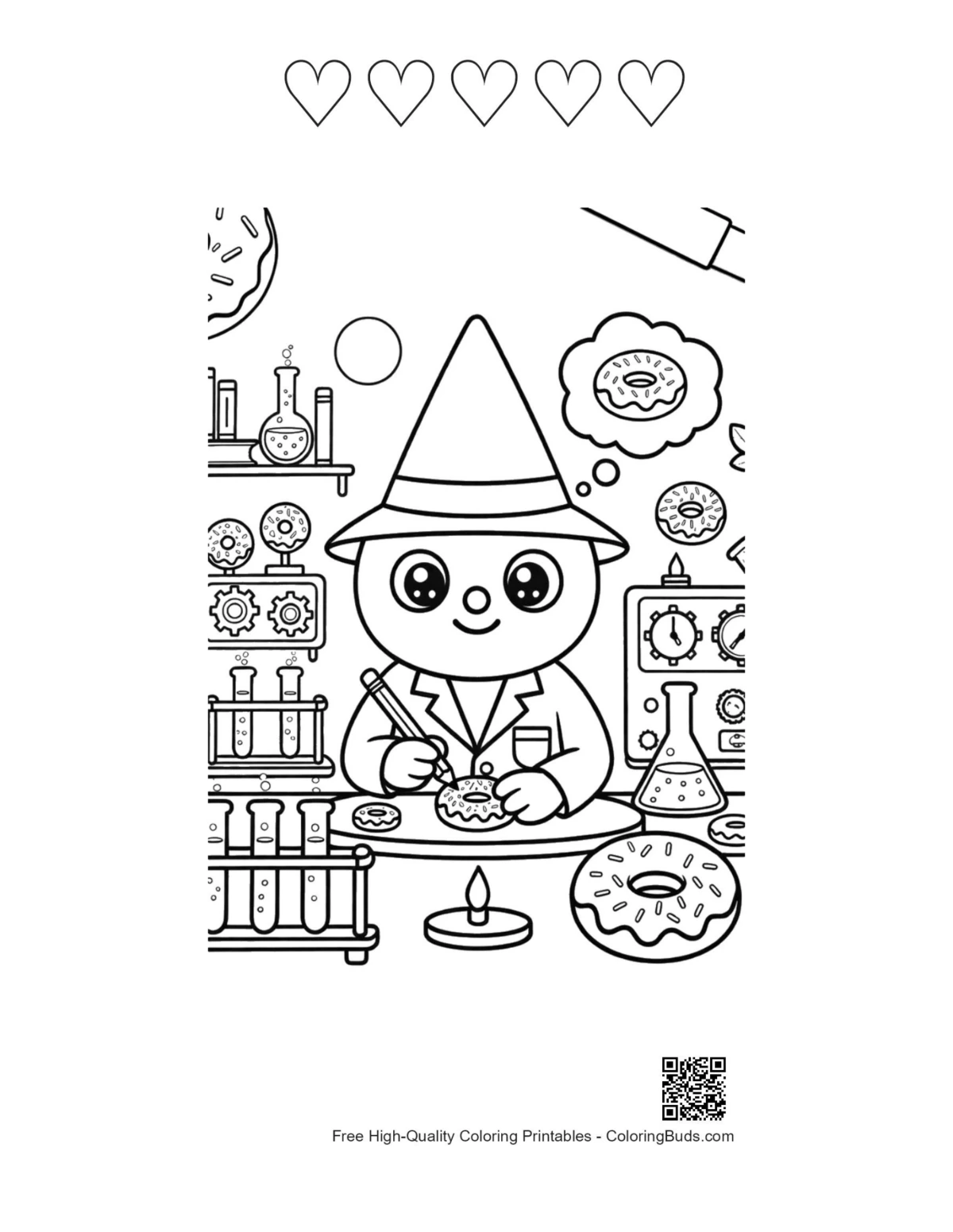 Alien scientist printable with 5 heart outlines