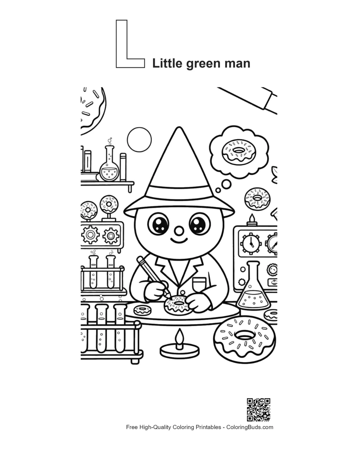Little Green Man L alphabet alien lab outline