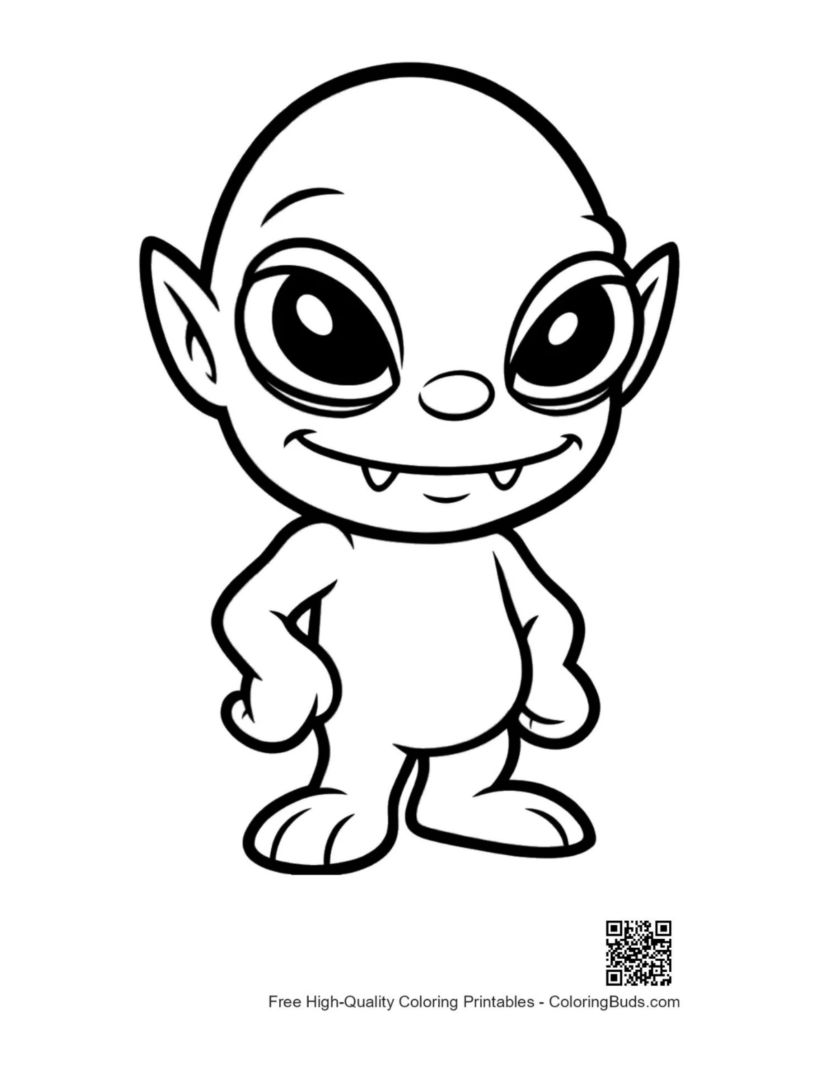 Cheeky grinning little green alien coloring page