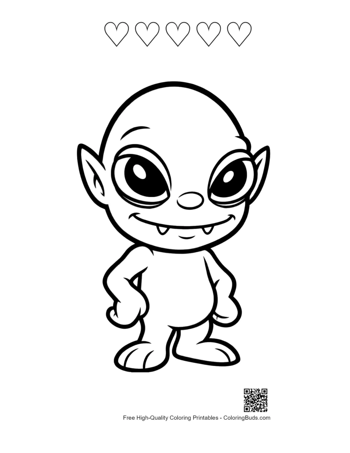 Cheeky alien printable with 5 hearts outline