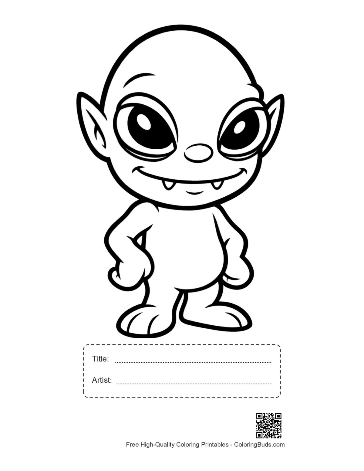Printable cheeky green alien grinning with title box